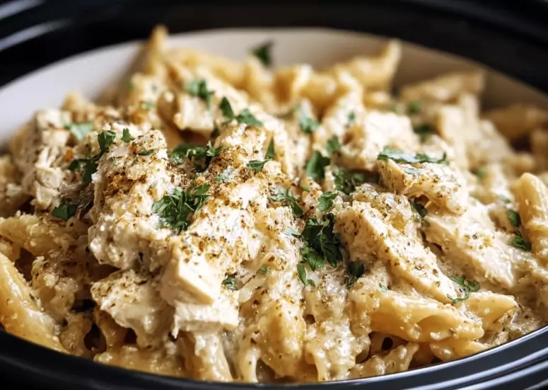Easy crockpot garlic parmesan chicken pasta