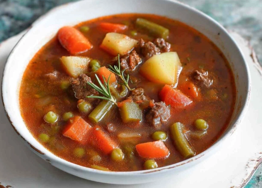 Old fashioned vegetable soup in slow cooker with potatoes
